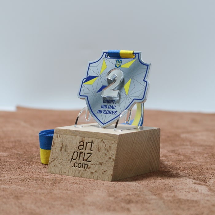 Медаль металева у формі щита за друге місце Срібло у національному стилі 75x75мм АРТПРИЗ 1048MS3