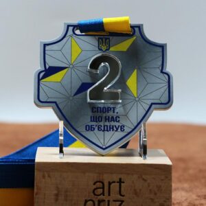 Медаль металева у формі щита за друге місце Срібло у національному стилі 75x75мм АРТПРИЗ 1048MS3