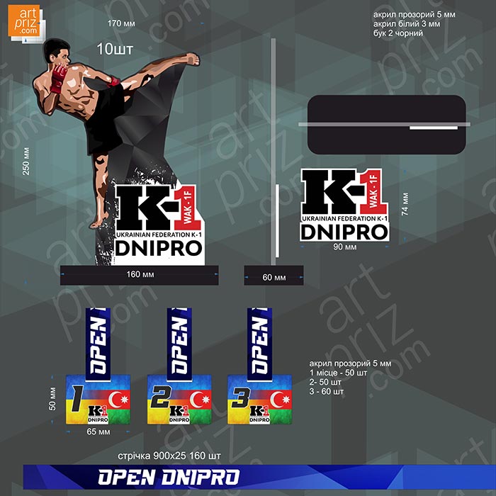 Нагорода акрилова для змагань K-1 OPEN DNIPRPO 25x17см АРТПРИЗ 1083NK3